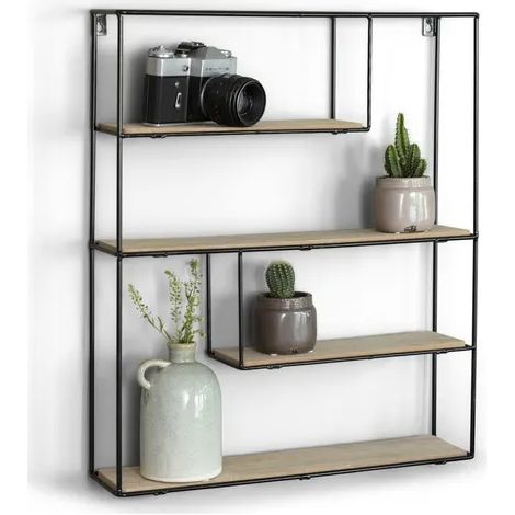 Étagère murale rectangulaire LIFA LIVING en bois et métal noir, 4 tablettes, style industriel moderne, 55 x 45 x 11 cm. (1/5)