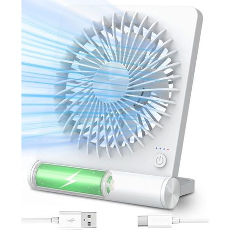 Petit ventilateur de table, rechargeable par USB, fonctionne sur piles, ultra-silencieux, ventilation puissante, 3 vitesses, blanc. (1/5)