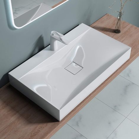 doporro Lavabo da Appoggio o Sospeso Rettangolare Lavandino Bagno con Foro per Rubinetto e Montaggio a Parete, 80x48x12 cm in Marmoresina Bianco Lucido - Colossum810 (1/5)