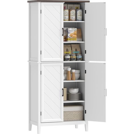 Buffet Haut de Cuisine 6 Niveaux Armoire de Rangement 4 Portes Chevrons Blanc et Bois 76x40x178,5cm - PANGIVO (1/5)