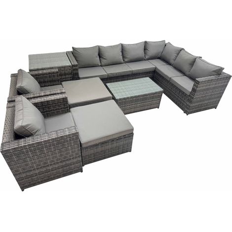 Fimous Patio Sofa Oblong Coffee Table Set Rattan Garden Furniture Set with 2 Chairs 2 Big Stools Side Table Dark Grey Mixed (1/5)