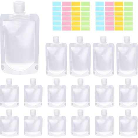 24 Pack 3 Sizes 30ML 50ML 100ML Travel Pouches with Label Paper Assortment Kit, Empty Squeeze Pouches TSA Approved Stand Up Pouch for Toiletry, Portable Travel Fluid Makeup Packing Bag (1/5)