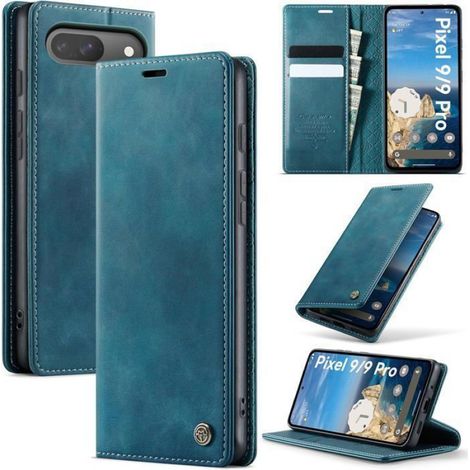 Coque Google Pixel 9 - Coque Portefeuille Cuir PU - Blocage RFID - Support Intégré - 2 Fentes Cartes - 1 Compartiment Monnaie - Bleu Vert (1/5)