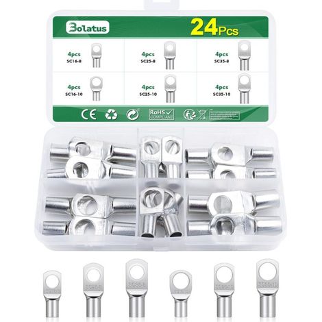 Cosses tubulaires étamées pour œillets M8/M10 – Lot de 24 cosses en cuivre (16/25/35 mm²) – Qualité automobile