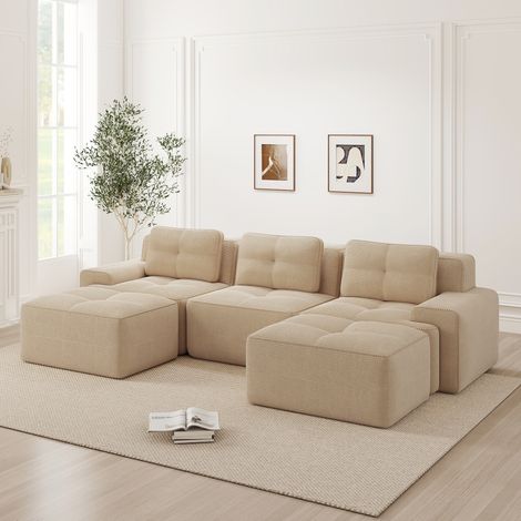 Divano modulare a U in velluto a coste beige con pouf, senza montaggio DESVIAE (1/5)