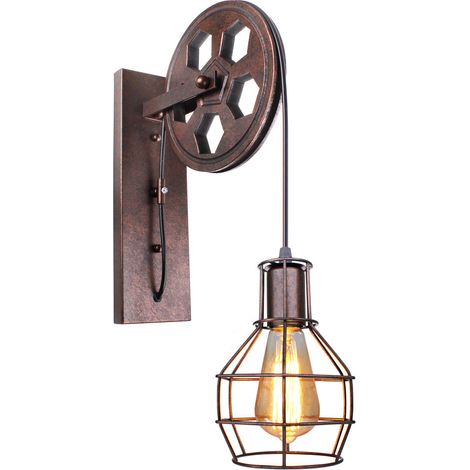 Wandleuchte Riemenscheibe Wandlampe im Industri Stil Art Lampe mit Eisenkäfig für Treppenhaus Flur Cafe Bar Rost 1 Pack