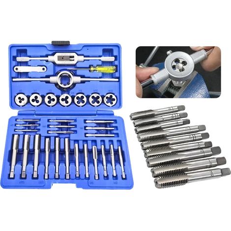 Juego de machos y terrajas, acero CR-V, tamaños métricos M3-M12, llave ajustable incluida, kit de herramientas profesional, adecuado para aplicaciones de roscado. (1/5)