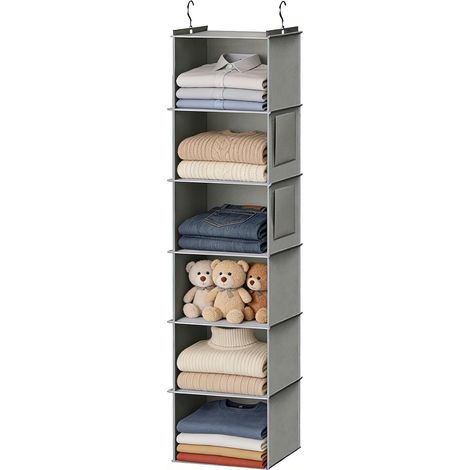 Organizador colgante con 6 bolsillos grandes para guardar ropa, diseño plegable para ahorrar espacio, gancho de metal reforzado para armario o dormitorio.