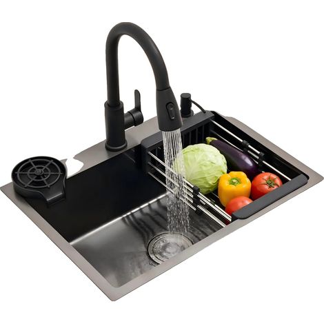 Évier de cuisine, acier inoxydable, 60cm x 45cm, profondeur 20cm, robinet extractible, type de drain à grille (1/5)