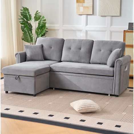 Sofá chaise longue convertible con arcón, reversible, de chenilla gris HAVRYA (1/5)