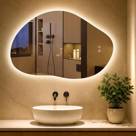 Spiegel mit Beleuchtung Asymmetrischer, LED Badspiegel mit Touch-Schalter, 3 Lichtfarbe, Dimmbar, Beschlagfrei Badezimmerspiegel mit Beleuchtung 90x60cm (1/5)