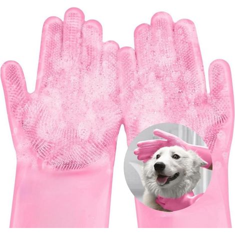 Dog Grooming and Cleaning Glove, Soft Silicone for Massage, Baths, Puppies, Kittens, Kitchen, Car (Pink) (1/5)