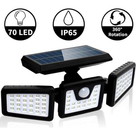 1 Projecteur solaire 3 têtes 70 LED détecteur mouvement éclairage extérieur noir (1/4)