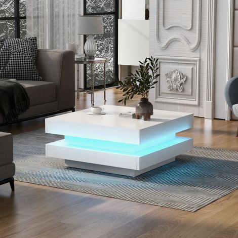 Table basse carrée 70x70x36 cm blanche en panneaux de particules avec éclairage LED Bluetooth (1/5)