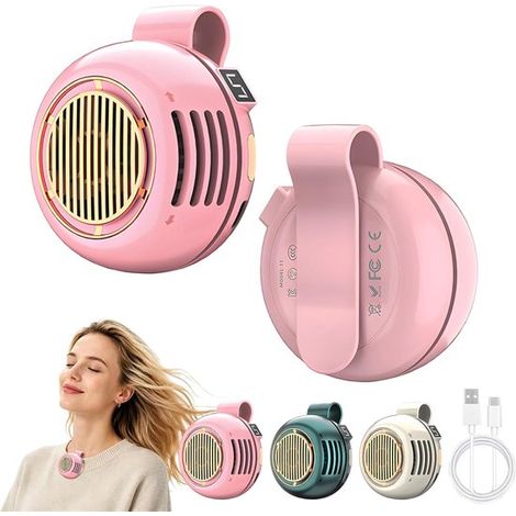 Mini ventilador sin aspas con clip，equipado con pantalla LED，5 velocidades ajustables，giratorio 360°，apto para usar en camisa，silencioso (rosa)