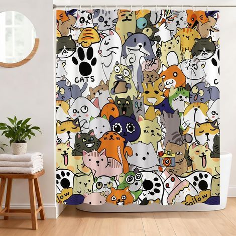 Rideau de Douche Chat Drôle Anti Moisissure 180 x 180 cm Rideau Douche Cartoon Chaton Tissu Polyester Imperméable Lavable Rideau Baignoire avec 12 Crochets (1/5)