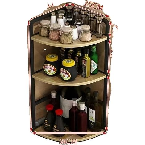 Étagère de coin de cuisine, design en métal et bois, organisateur multi-usages, 3 niveaux (1/2)