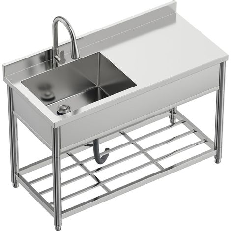 Évier Autoportant en Acier Inox avec Table de Travail, Évier de Cuisine Commercial avec Robinet Extensible, Évier pour Extérieur, Cuisine, Garage, Restaurant, 55P x 120L x 94H cm (1/5)