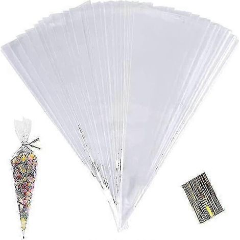 100 sachets coniques transparents pour bonbons, sachets en cellophane, sachets triangulaires en plastique, 25 x 13 cm, avec attache alimentaire. (1/5)
