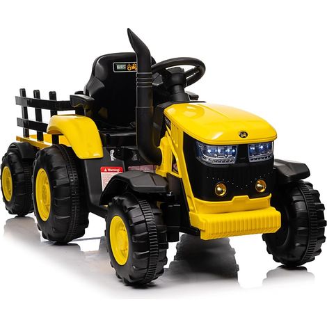 12V Tracteur Électrique Enfant avec Remorque Amovible, Voiture Électrique 35W Moteur Double, Musique & MP3, Télécommande, LED, 3 Vitesses, Véhicule Électrique pour Enfants 3 an+ Jaune (1/5)