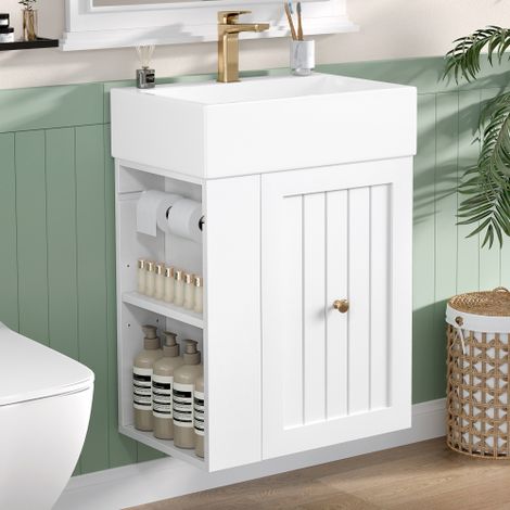 20-Zoll Badezimmerwaschtisch mit Keramikwaschbecken, MDF-Aufbewahrungsschrank mit Schublade, Seitenträger und goldenem Griff – Platzsparender moderner Waschtisch für kleine Badezimmer (1/5)