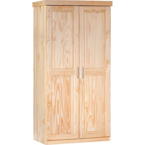 Armoire Fonctionnelle Armoire de Chambre 2 Portes Pin Massif Vernis incolore Tringle métallique avec Une étagère 95x55x190 cm (1/5)