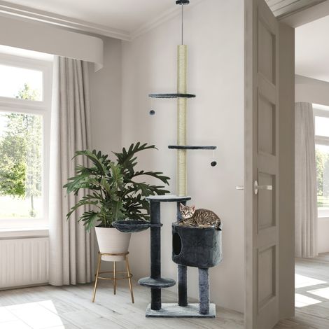 Arbre à chat hauteur plafond (220-265 cm), avec balles, grotte, hamac, poteaux sisal, plateformes, multi-niveaux, gris foncé (1/4)