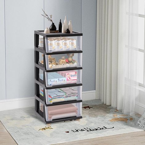 Schubladenschrank, Aufbewahrungsturm Aus Kunststoff Bürocontainer Rollbar Kommode Organizer, Schubladenorganisator Geeignet für Küchen Bäder Wohnräume und Büros Schwarz (1/5)