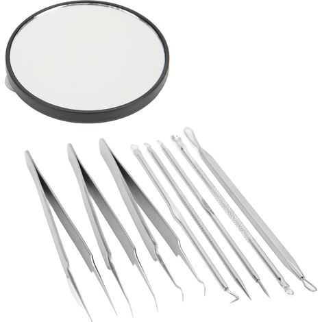 Lot de 10 outils noirs pour points noirs, miroir grossissant 10x, embout pointu, extracteur de comédons, précision optimale (1/5)