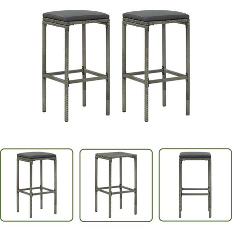 The Living Store Barhocker mit Kissen 2 Stk. Grau Poly Rattan - Barhocker - Esszimmerstühle - Gartenmöbel - Outdoor Möbel - Lounge Sessel (1/5)