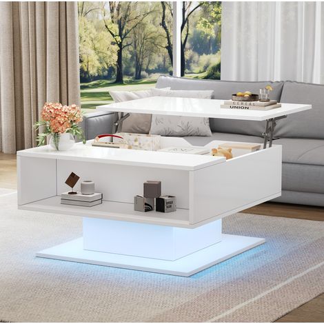 Tavolino rialzabile 80x75x40 cm bianco lucido con LED, in truciolare, vano nascosto e nicchia aperta (1/5)