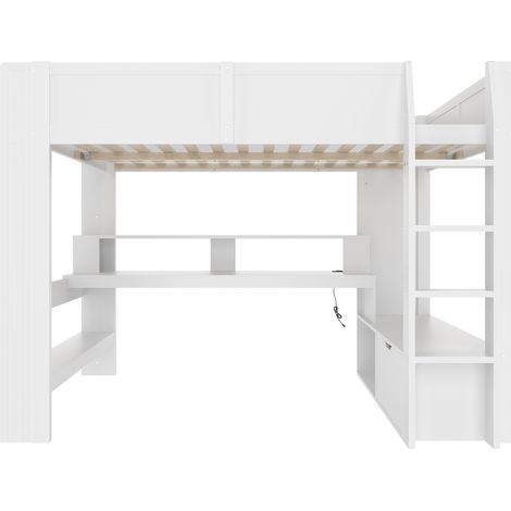 Cama alta 140 x 200 cm con escritorio, cajón, estantes y LED de 16 colores en madera blanca MODENUIT (1/5)