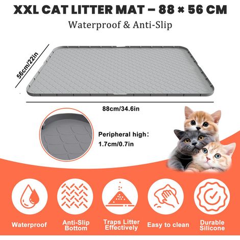 Tapis de Litière pour Chat XXL 88x56 cm Imperméable et Antidérapant Tapis de Trappeur de Litière en Silicone Souple Double Couche Facile à Nettoyer pour Maison Cage Balcon Design de Grille Confortable