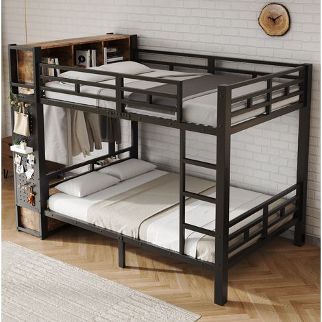 Etagenbett 120/200 cm nero con contenitore, appendiabiti, cassetto e ripiani aperti (1/5)