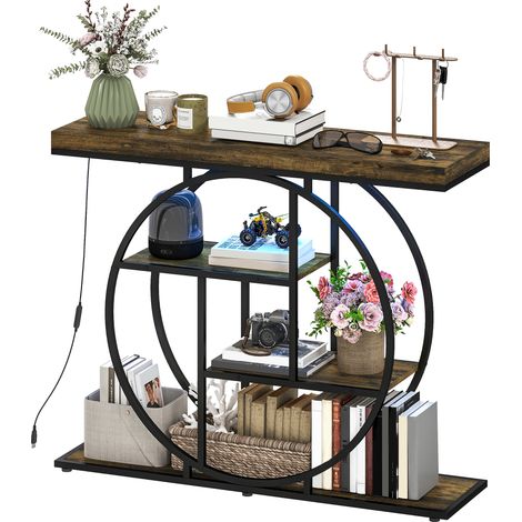 Console meuble avec éclairage LED 100 cm, table console à 4 niveaux avec étagères ouvertes, marron rustique et noir