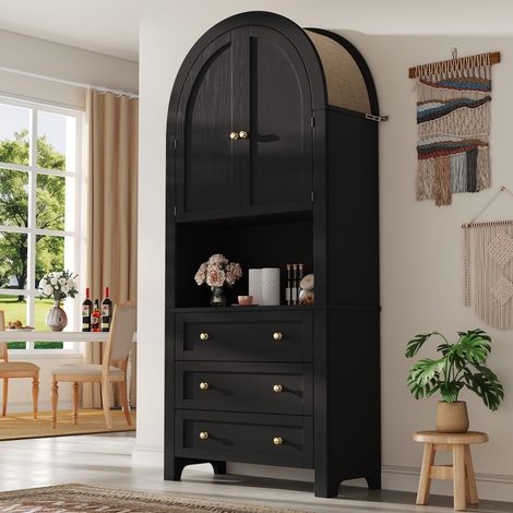 Armoire haute noire 70x35x180 cm – 3 tiroirs profonds – Panneau MDF avec finition textile – Espace ouvert pour objets décoratifs (1/5)