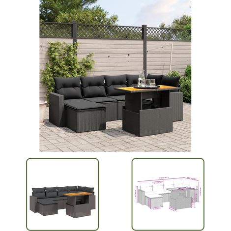 The Living Store 7-tlg. Garten-Sofagarnitur mit Kissen Schwarz Poly Rattan - Gartenmöbel Set - PE-Rattan Möbel - Outdoor Lounge - Gartenlounge - Terrassenmöbel (1/3)