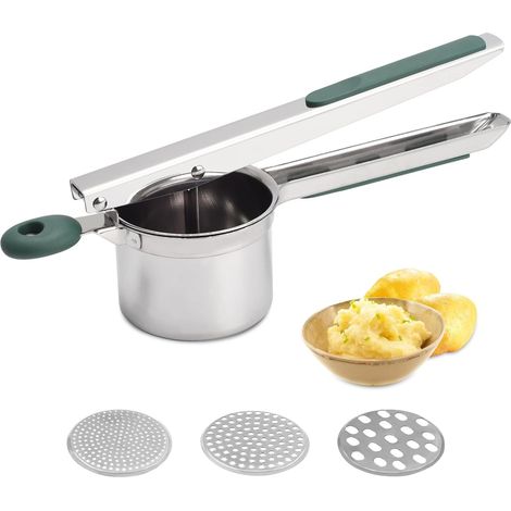 Prensa para patatas, prensa grande de acero inoxidable resistente, 425 ml, herramienta de cocina para prensar patatas, prensa para puré de patatas (verde - 3 discos) (1/5)