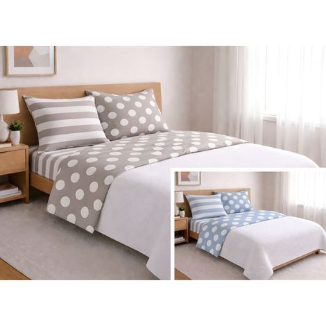 Completo Lenzuola Letto In 100% Cotone Made Italy Disegno Pois, misuraSingolocoloreAzzurro