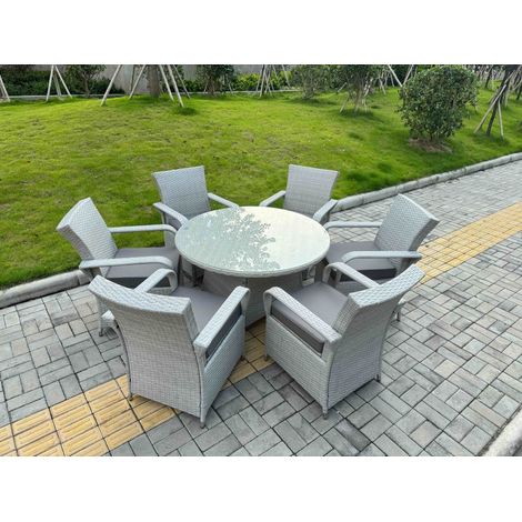 Fimous Rattan Garden Furniture Set with 1 Big Round Coffee Table & 6 Seater Chairs Light Grey Mixed (1/4)