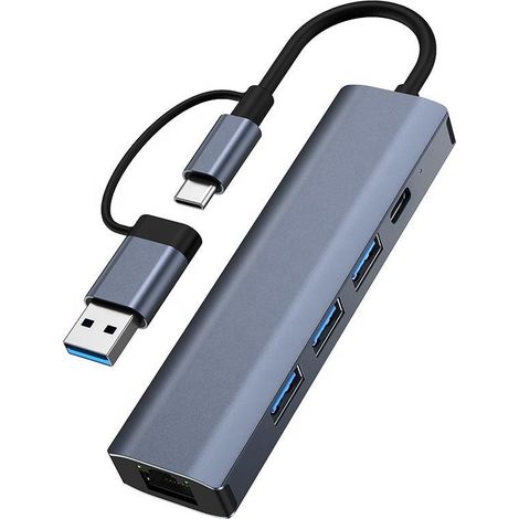 Adaptateur USB-C/USB 5 en 2 M2 TEC V-7795 - RJ45 Gigabit + USB 3.0, couleur grise, idéal pour les ordinateurs portables et de bureau (1/5)
