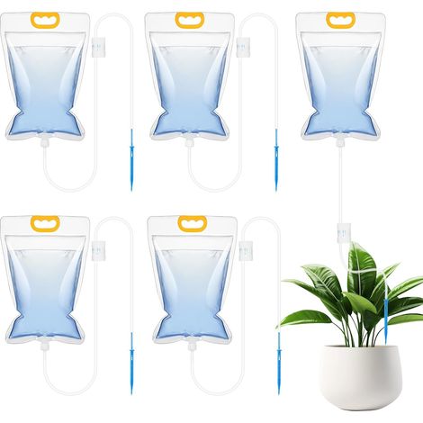 Lot de 5 sacs d'irrigation goutte à goutte de 3,5 l - Système d'irrigation automatique avec débit réglable - Interrupteur de valve - Arrosage goutte à goutte pour plantes en vacances et balcon (1/5)