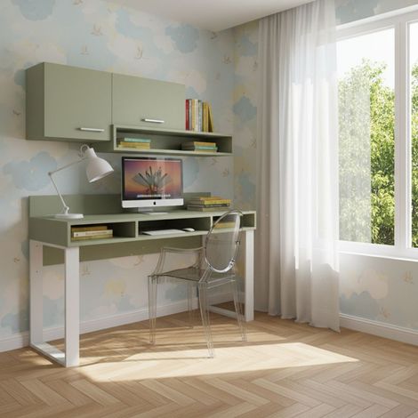 Scrivania con pensili design moderno e libreria sospesa - Angolo studio completo - Salvia