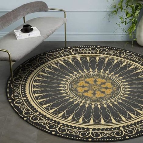 Tapis rond antidérapant, en style ethnique bohème rétro or noir - 120CM (1/3)