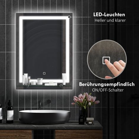 Miroir de salle de bain lumineux LED avec variateur d'intensité, anti-buée, commande tactile, tablette de rangement, 50x70 cm, finition argent
