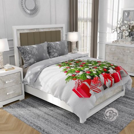 Linge de lit en satin de coton 3D 140x200cm motif sapin de Noël (1/2)