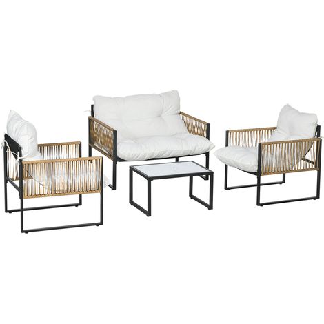 Set da Giardino 4 Pezzi in Rattan con Divanetto, 2 Sedie e Tavolino da Caffè, Nero, Marrone e Crema