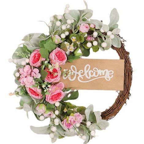 Couronne en bois de pivoines roses et de feuilles en forme d'oreilles de lapin (sans guirlande lumineuse). Décoration artificielle printemps/été, idéale pour décorer une porte d'entrée ou un mariage. (1/2)