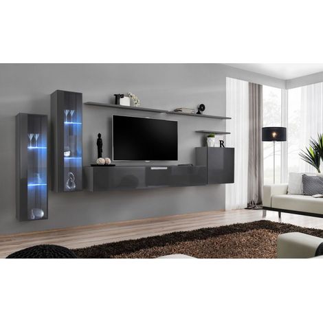 Ensemble mural - Switch XI - 2 vitrines LED - 1 banc TV - 1 vitrine carrée - 3 étagères - Graphite - Livraison gratuite