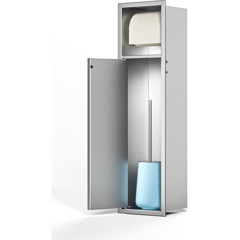 Porte-papier toilette encastré en acier inoxydable - Module d'armoire WC encastré - Rangement du papier toilette - Armoire de salle de bain avec support - 63 x 15 cm - Argenté (1/5)